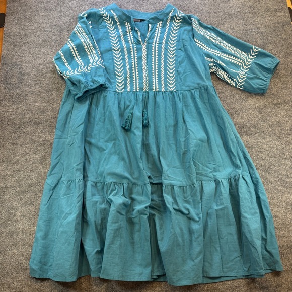 BloomChic Dresses & Skirts - Bloomchic Teal Cotton Embroidered Boho Babydoll Tiered Dress Plus Size 18-20